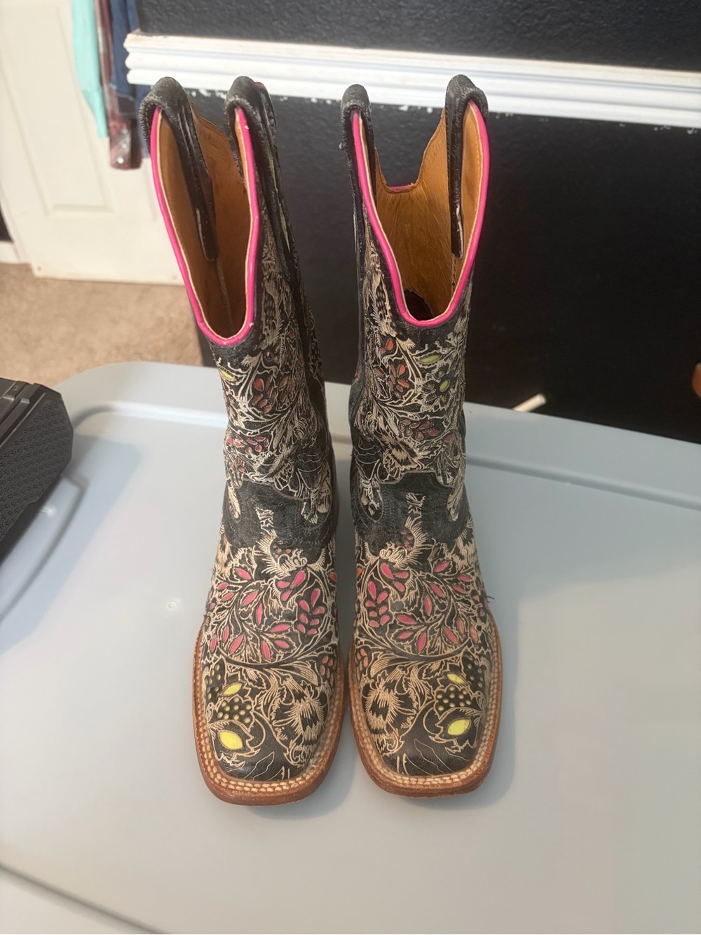 Johnny Ringo Black Floral Embossed Heeled Boots with Pink Accents - Picture 10 of 11